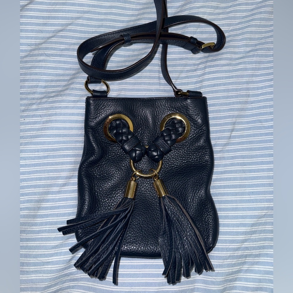 Michael Kors Camden Navy Blue Pebbled Leather Tassel Crossbody Bag Purse Auth